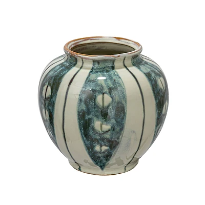 Hello Honey® 9" Cream & Green Reactive Glaze Striped Round Hand-Painted Stoneware Vase