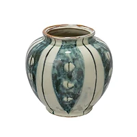 Hello Honey® 9" Cream & Green Reactive Glaze Striped Round Hand-Painted Stoneware Vase