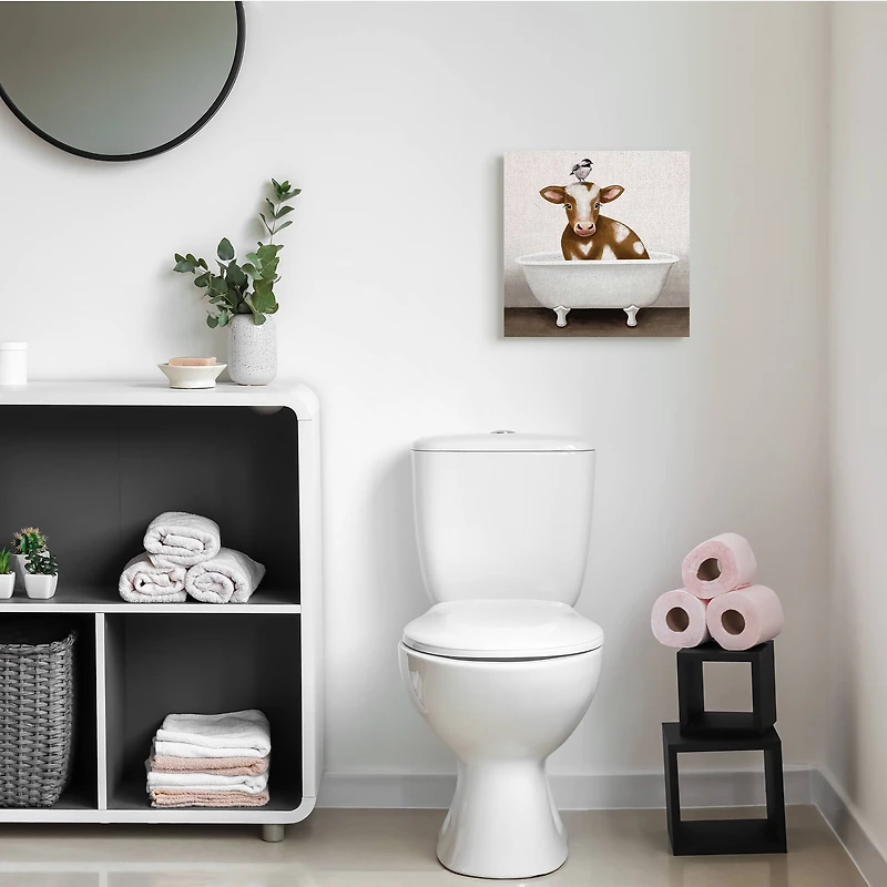 Stupell Industries Cow in Bathtub with Perched Bird Animals Canvas Wall Art