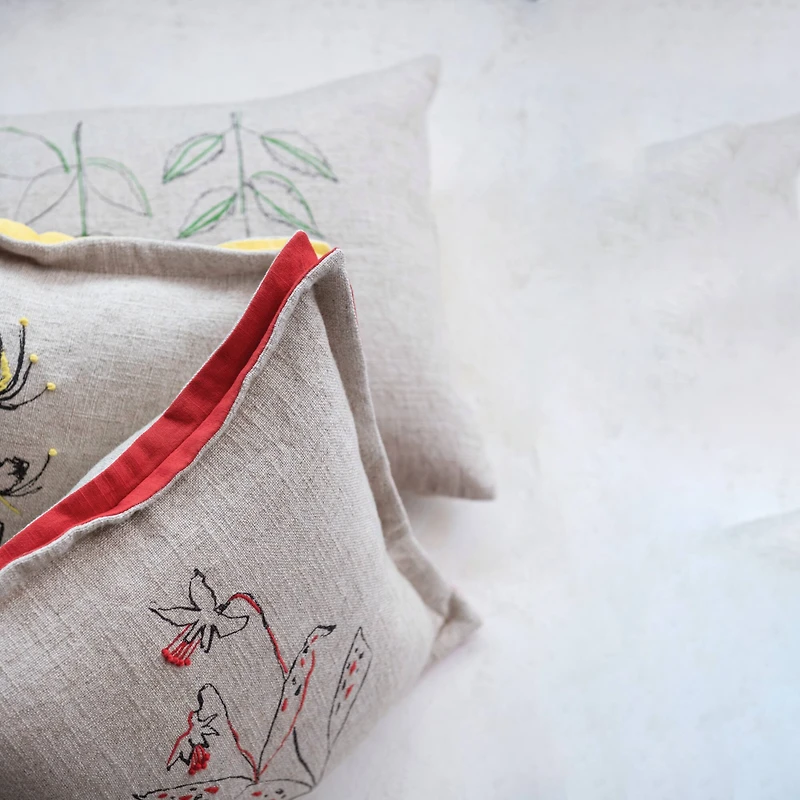 Hello Honey® Hand-Embroidered Botanicals Linen Blend Lumbar Pillow with Kantha Stitch & Flanged Edge