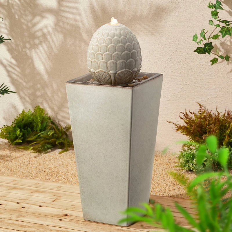 Glitzhome® 36" Oversized Sand Beige LED Ceramic Pedestal Fountain