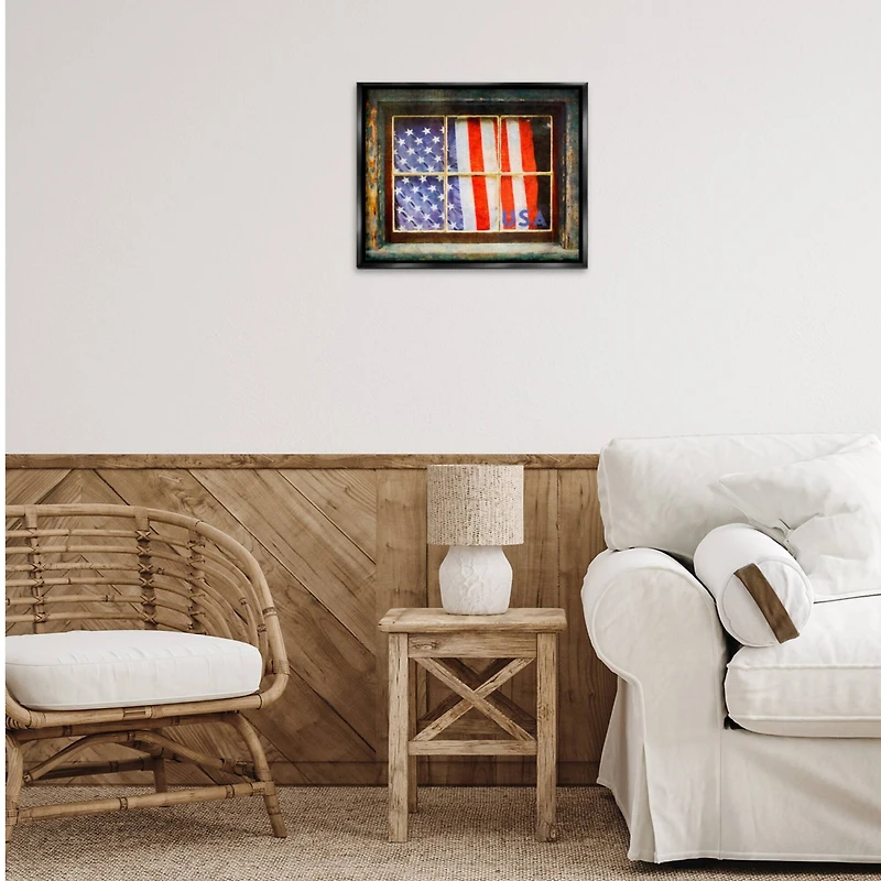 Stupell Industries Patriotic American Flag Rustic Window Festive Home Floater Framed Art