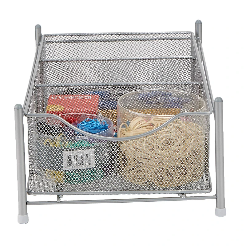 Mind Reader Silver 3-Compartment Pull-Out Sliding Organizing Drawer Storage Basket