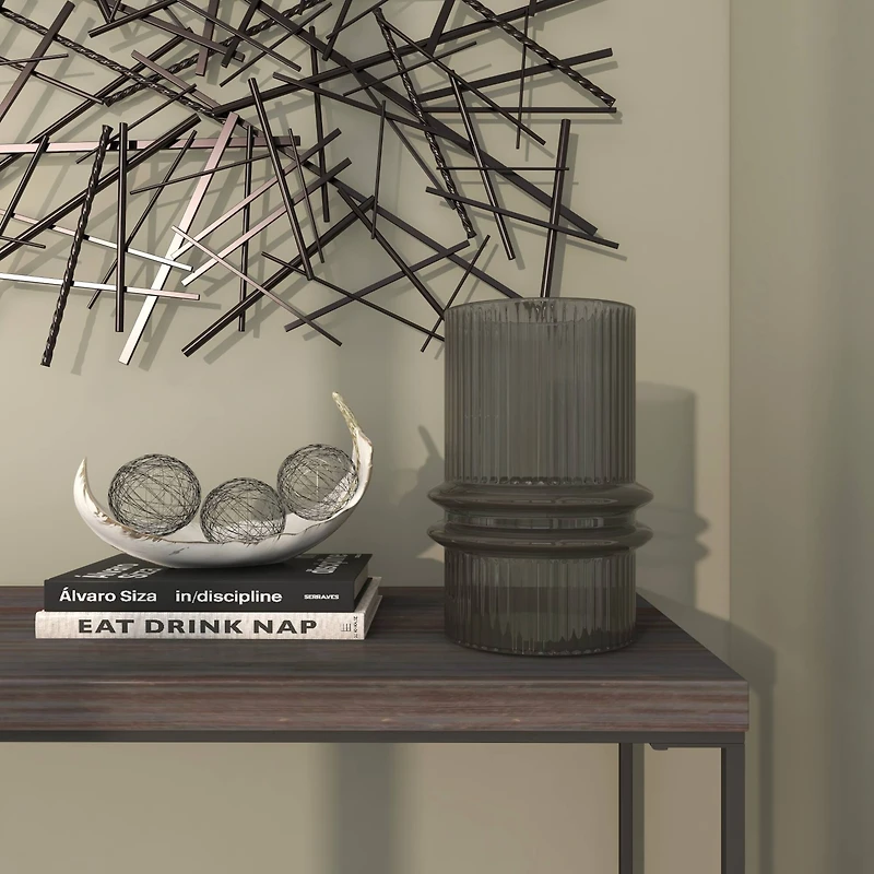 12" Gray Glass Wide Ribbed Vase with Fluted Center