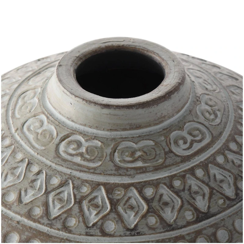 15.25" Green Ceramic Handmade Antique Style Decorative Vase with Geometric Tribal Carvings