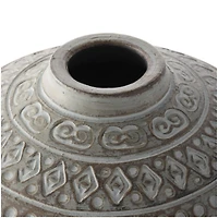 15.25" Green Ceramic Handmade Antique Style Decorative Vase with Geometric Tribal Carvings