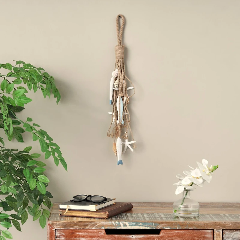 Brown Jute Rope Fish Layered Hanging Home Wall Décor with Cream Shell and Starfish Accents
