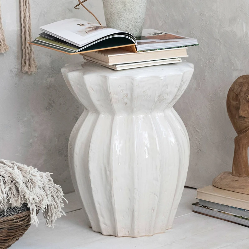 Hello Honey® 20" Elegant Round Sculpted White Stoneware Stool