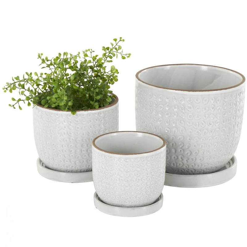 White Abstract Circle Pattern Ceramic Planter Set