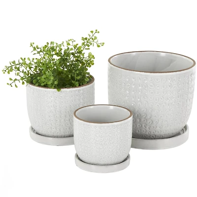 White Abstract Circle Pattern Ceramic Planter Set