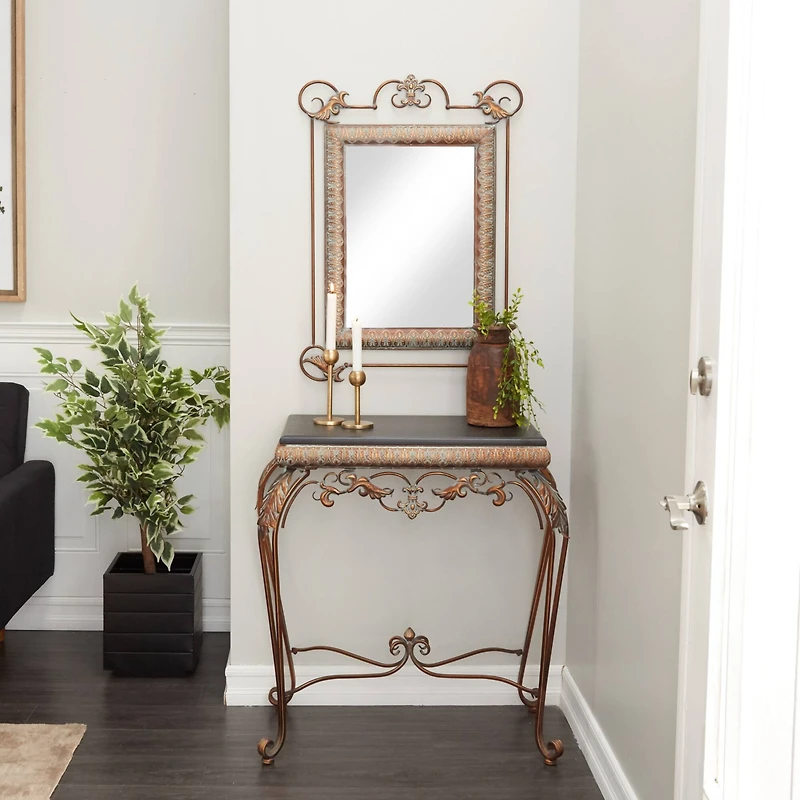 Set of 2" Bronze Metal Traditional Console Table with Mirror, 32" x 23"