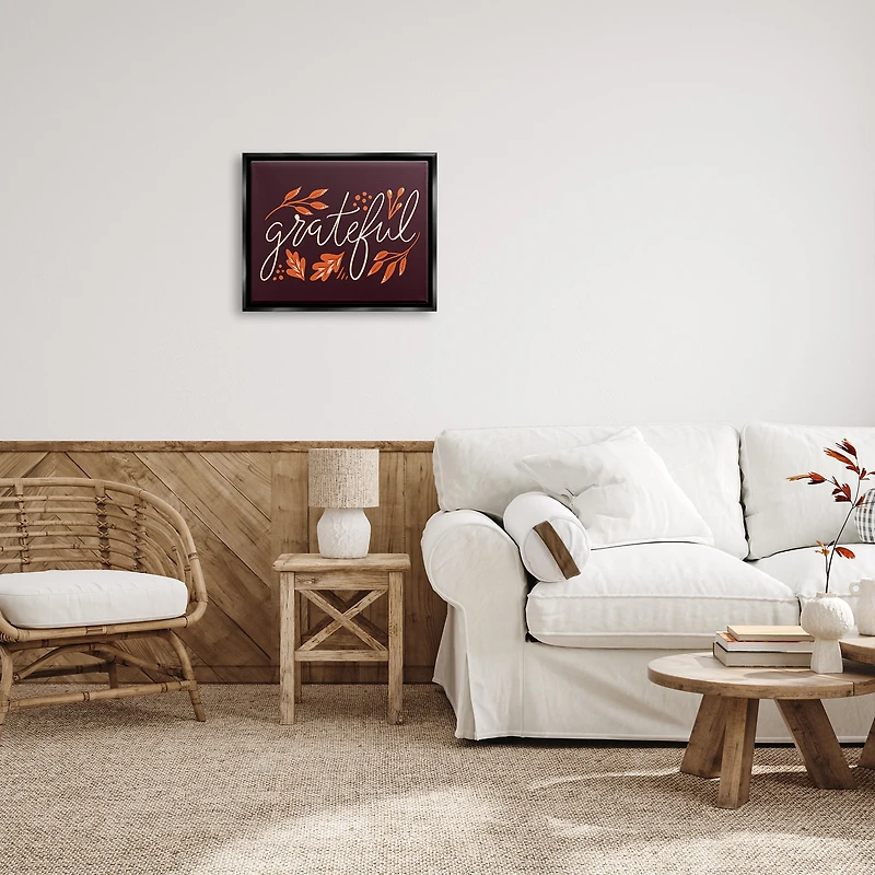Stupell Industries Grateful Autumnal Leaves Phrase Framed Floater Canvas Wall Art