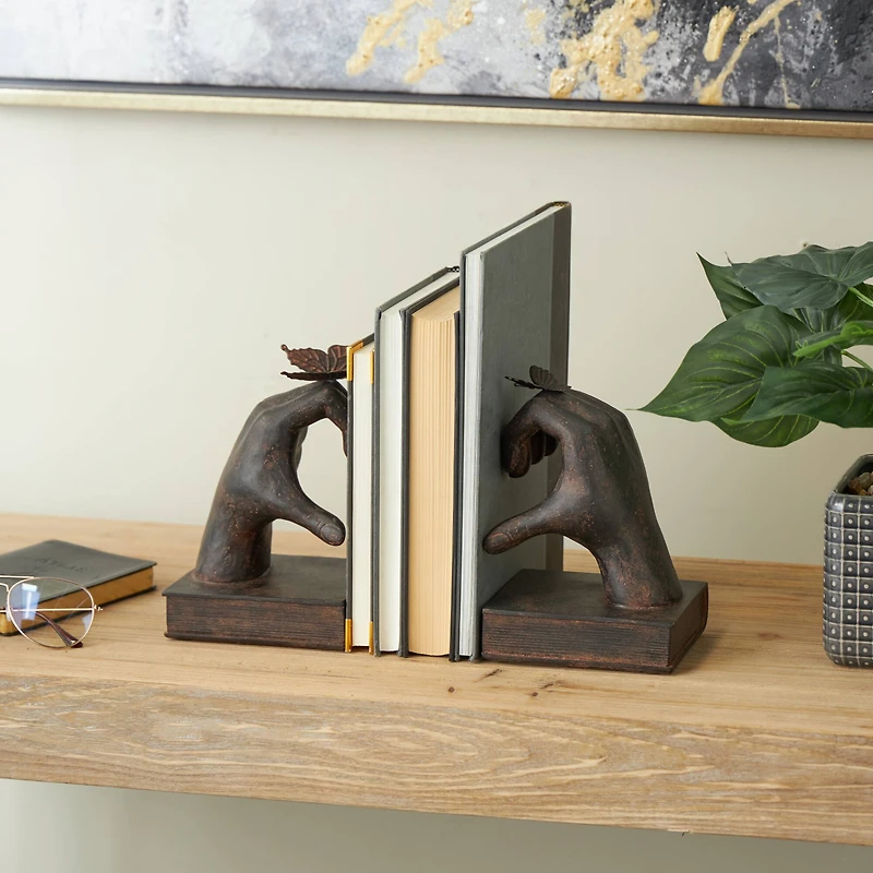 7.5" Dark Brown Hands Heart Inspired Decorative Bookend Set with Butterfly & Copper Accents