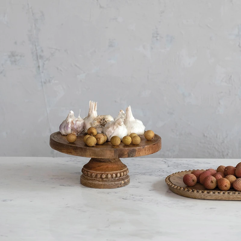 Hello Honey® 11.5" Hand-Carved Mango Wood Pedestal with Wood Beads