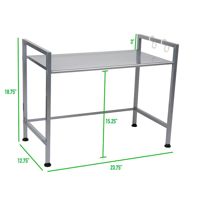 Mind Reader Silver Metal Rack Utility Shelf and Microwave Stand with Two Hooks