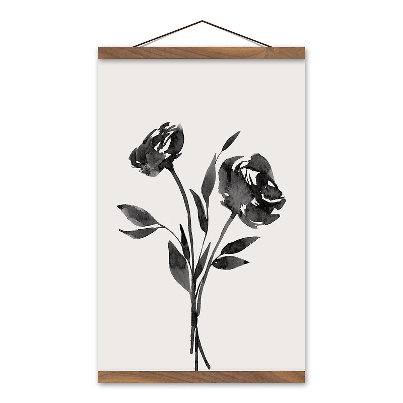 Inky Budded Roses 12" x 18" Teak Hanging Canvas - Set of 2