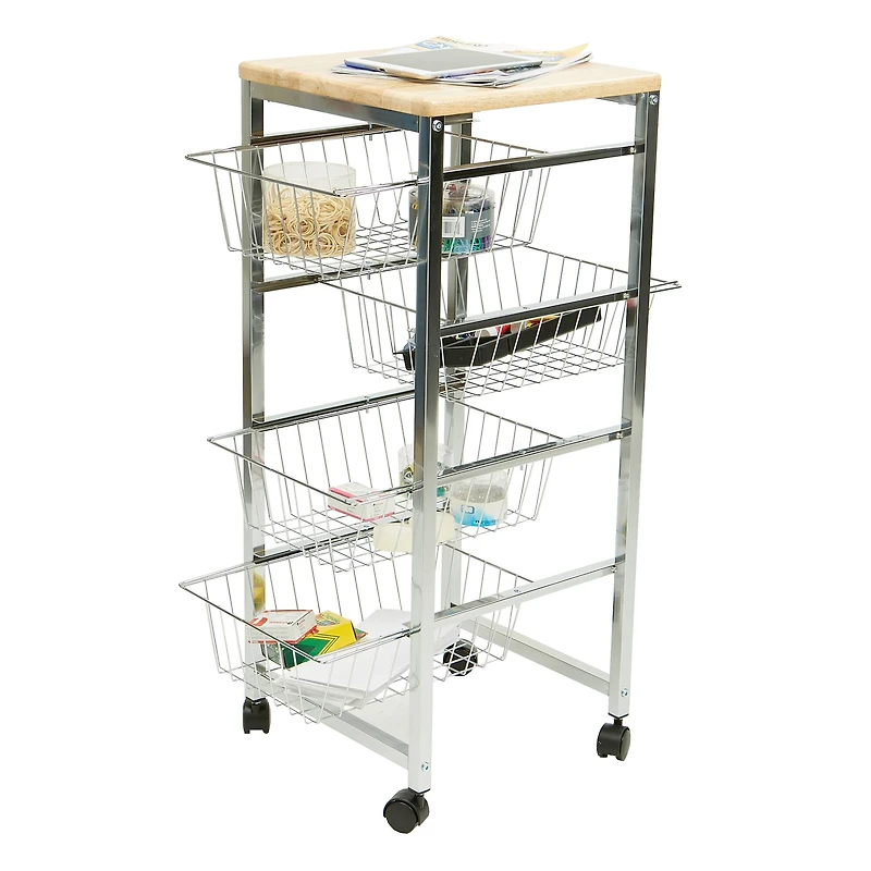 Mind Reader 34" Silver 4-Tier Wire Basket Cart with Wood Surface