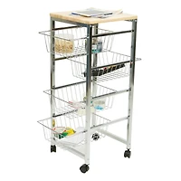 Mind Reader 34" Silver 4-Tier Wire Basket Cart with Wood Surface