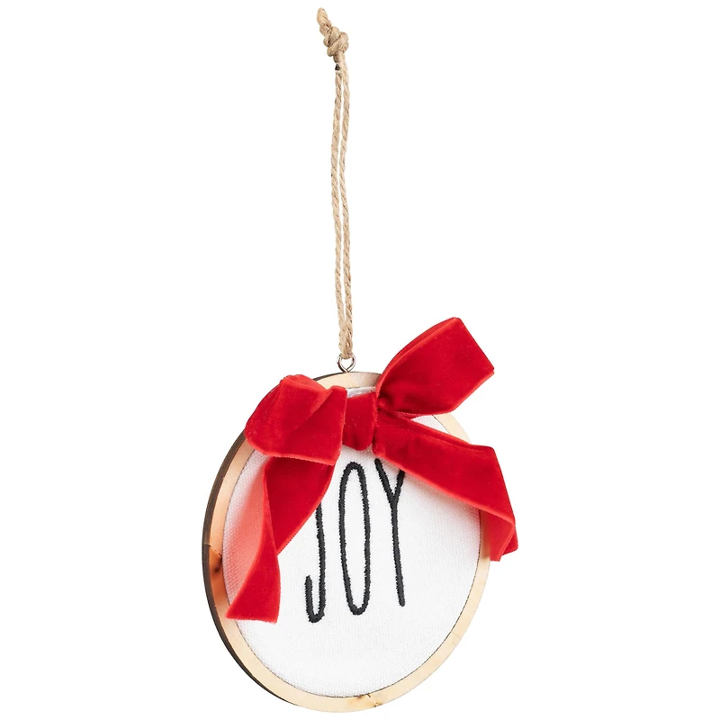Embroidered Joy with Bow Wooden Disc Christmas Ornament - 4.5" - Red and White