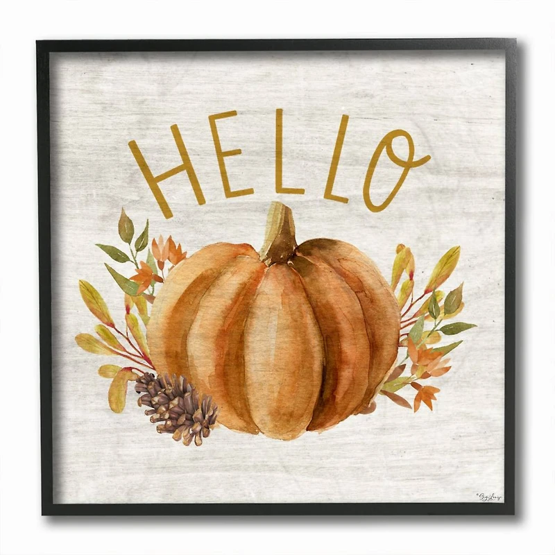 Stupell Industries Hello Pumpkin Autumn Pinecone Orange Brown Fall Seasonal Black Framed Wall Art