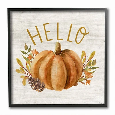 Stupell Industries Hello Pumpkin Autumn Pinecone Orange Brown Fall Seasonal Black Framed Wall Art