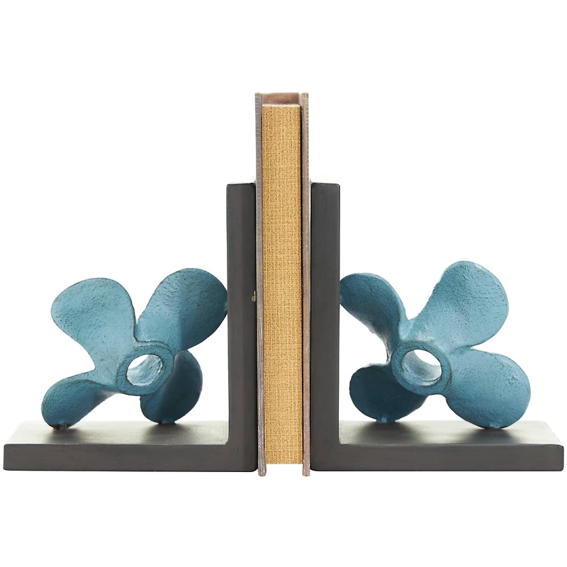 6.5" Teal Metal Boat Distressed Propeller Bookends with Brown L-Shaped Stands