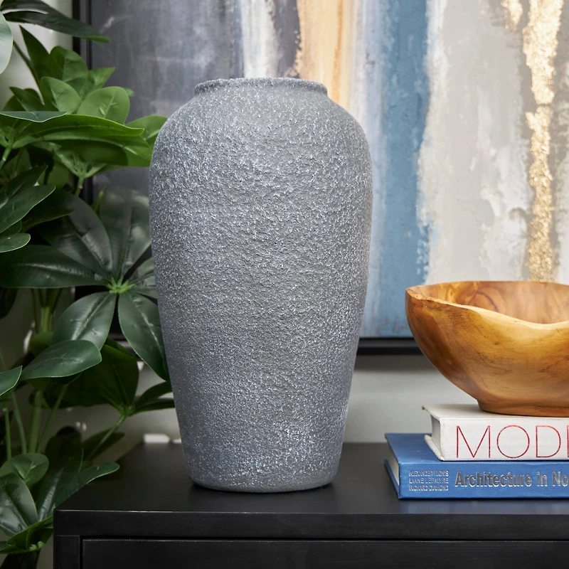 15" Black Ceramic Whitewashed Textured Vase