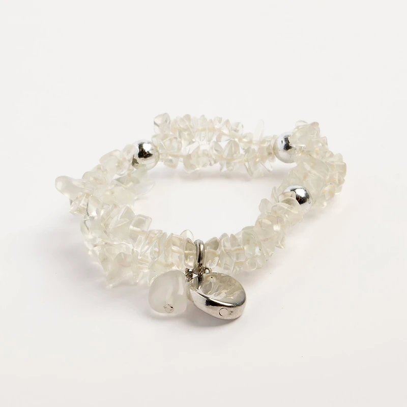 John Bead Crystal Quartz Clear Natural Stone 2-Strand Bracelet with Circle Charm