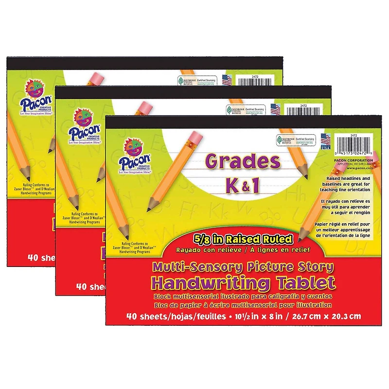 Pacon® Multi-Sensory K-1 Picture Story Handwriting Tablet, 3 Packs of 40