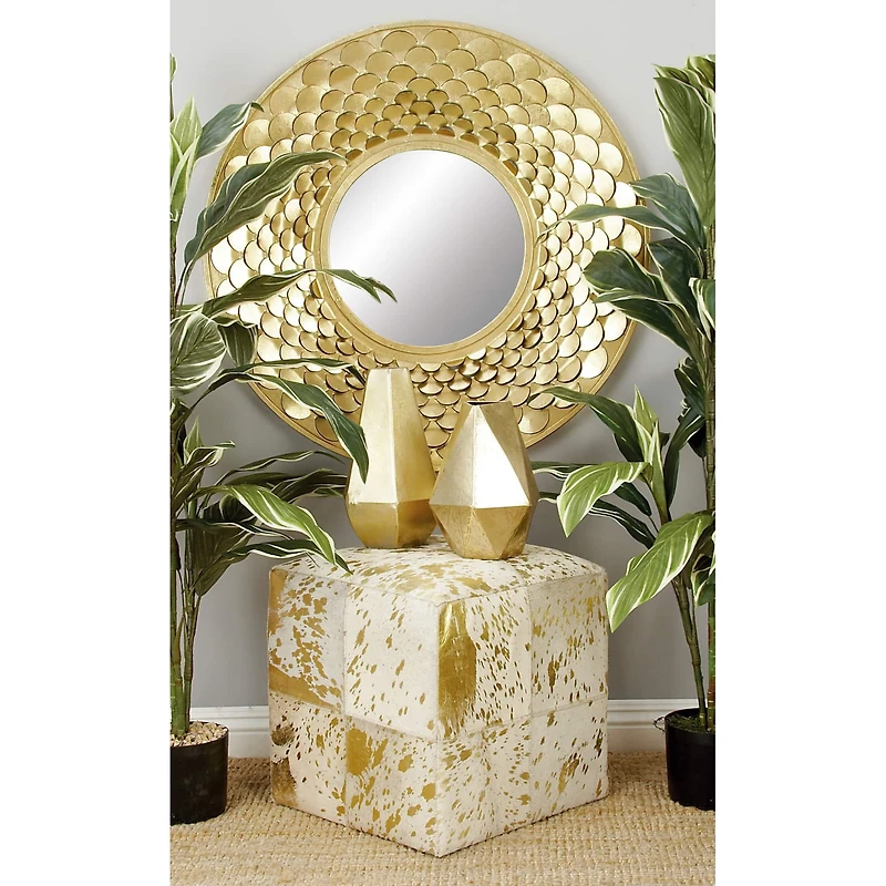 17" Gold Leather & Wood Glam Ottoman