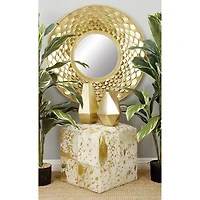 17" Gold Leather & Wood Glam Ottoman