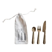 Hello Honey 3-Piece Hand-Forged Brass Appetizer Utensils with Etched Handles, Antique Finish