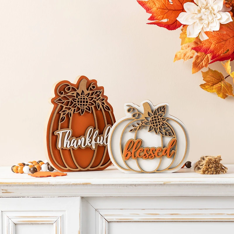 Glitzhome® 8"H Thanksgiving Wooden Pumpkin Table Decor Set