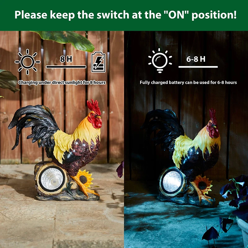 Glitzhome® 13.75" Solar Powered Vibrant Rooster Garden Statue