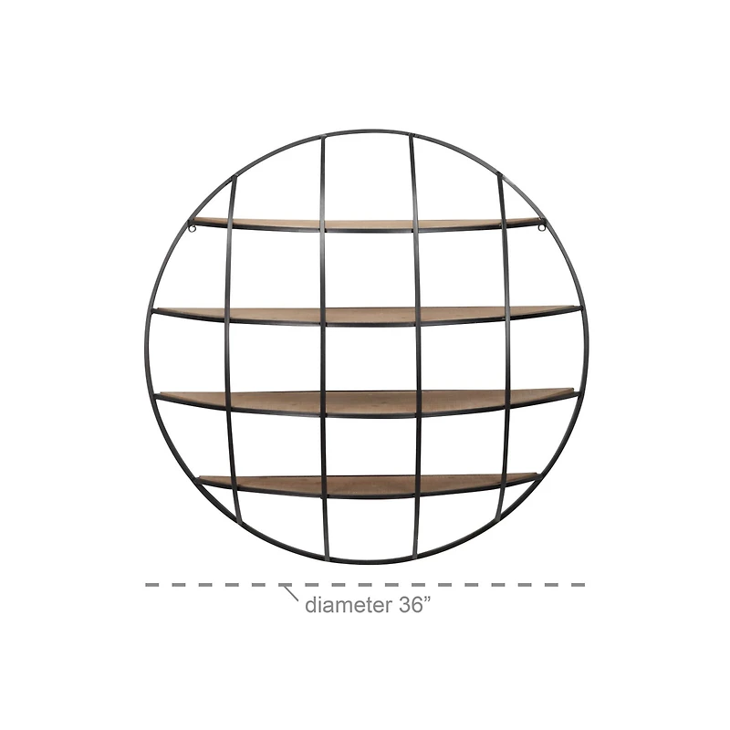 36" Light Brown Iron Round Wall Shelf Unit 