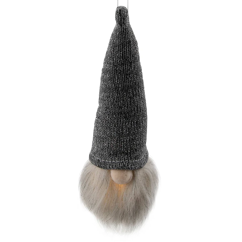 8" Metallic Gray Knit Gnome Head LED Ornament