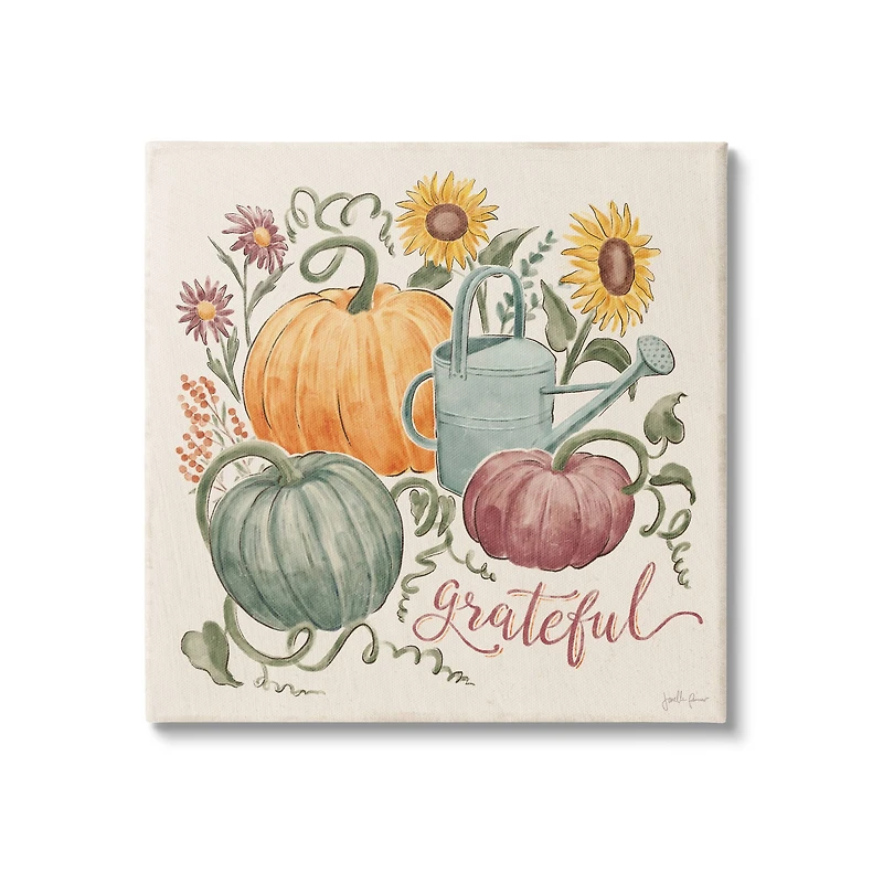 Stupell Industries Grateful Floral Fall Pumpkins Canvas Wall Art