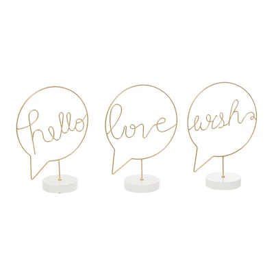 13" Gold Hello, Love & Wish Tabletop Sign Set