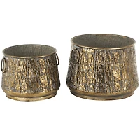 Brass Metal Textured Planter with Ring Handles Set