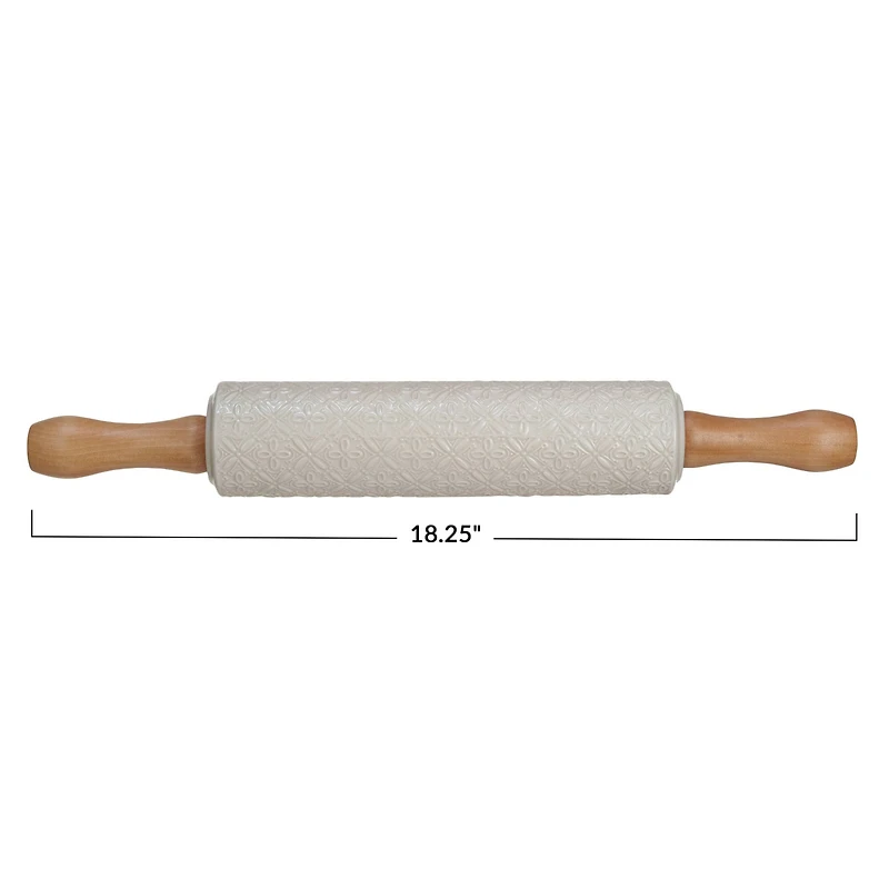 Hello Honey® Embossed Cream Stoneware Rolling Pin with Wood Handles
