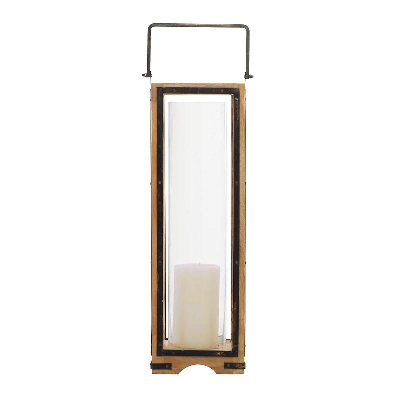 Brown Mango Wood Traditional Candle Holder Lantern, 31" x 8" x 8"