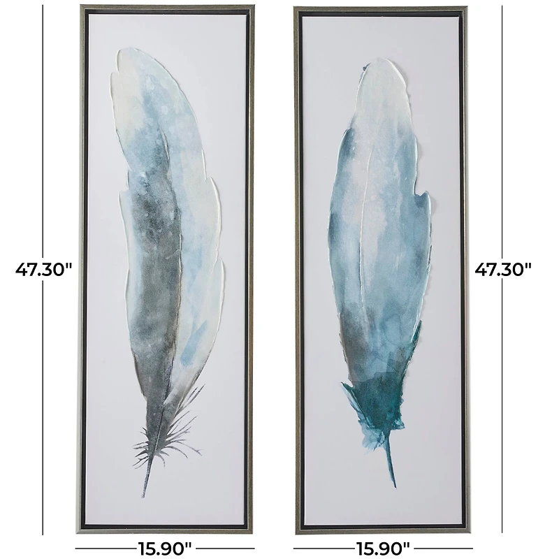 Blue Canvas Feathers Bird Framed Wall Art with Silver Frame Set of 2 16", 47"