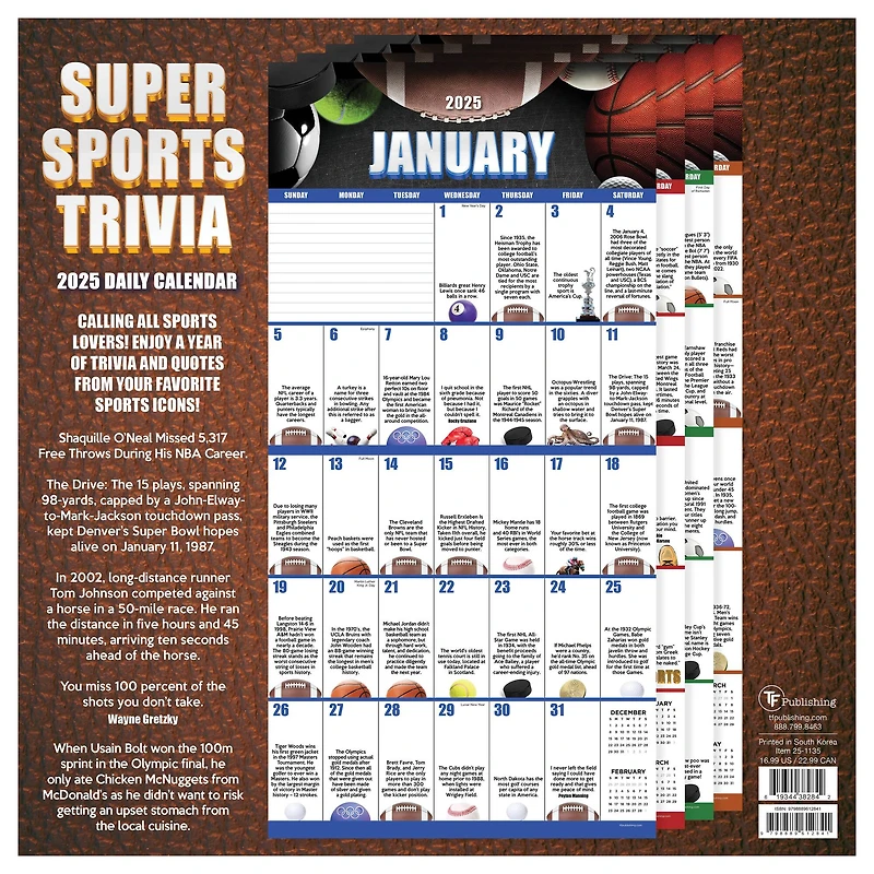 TF Publishing 2025 Sports Facts & Trivia Wall Calendar