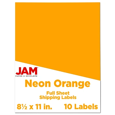 JAM Paper Neon Orange Full Sheet Shipping Labels, 8.5" x 11"