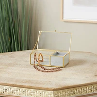 7" x 4" x 3" Clear & Gold Glass & Metal Jewelry Box with Chain Accent & Fabric Ring Slots