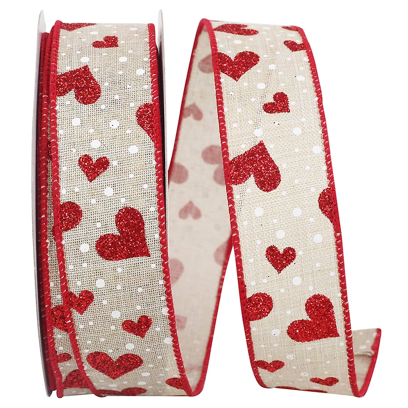 JAM Paper 1.5" x 20yd. Wired Faux Linen Heart Glitter & Dots Ribbon