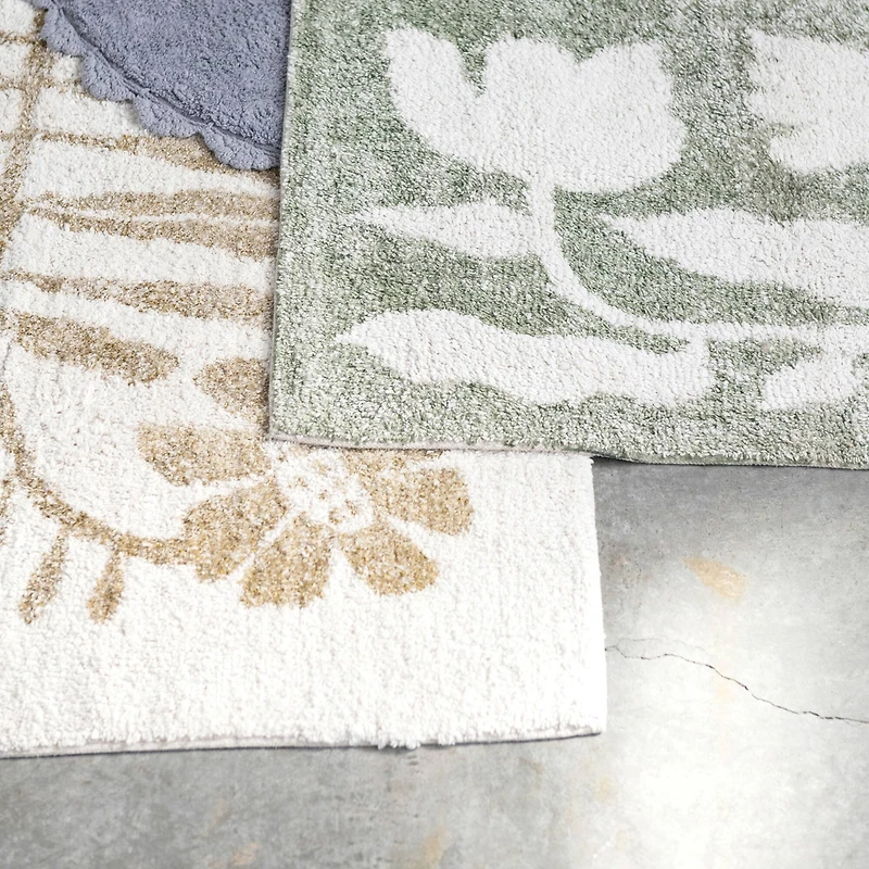  Cotton Tufted Rug with Flowers, White and Mustard