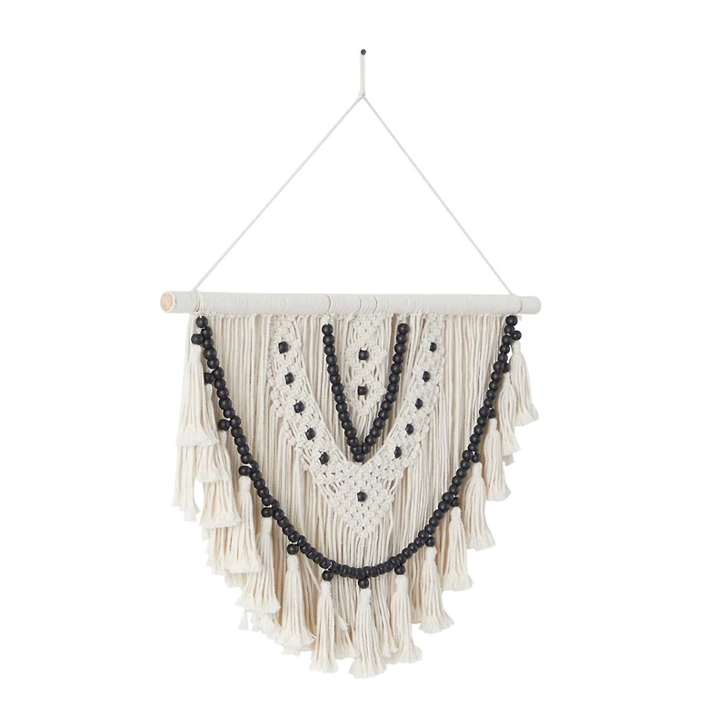White Cotton Handmade Intricately Weaved Macrame Wall Decor with Beaded Fringe Tassels 28" x 1" x 32"