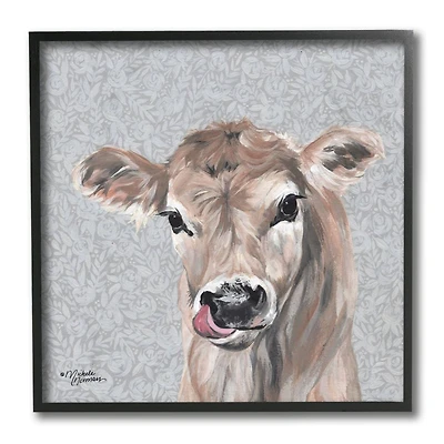 Stupell Industries Young Calf Portrait Floral Pattern Farm Animal Black Framed Wall Art