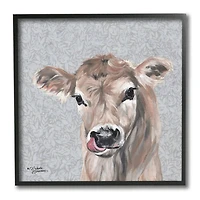 Stupell Industries Young Calf Portrait Floral Pattern Farm Animal Black Framed Wall Art